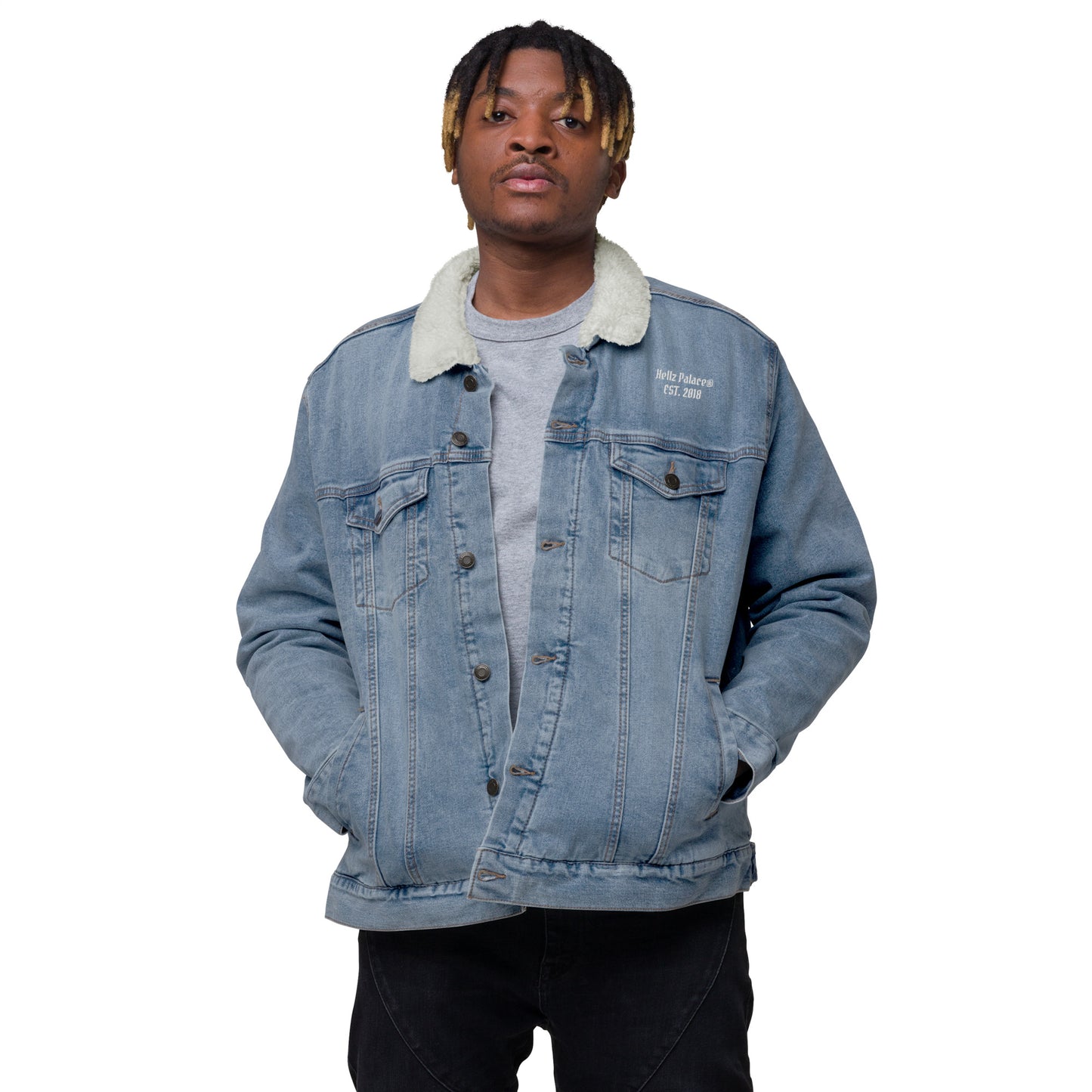 Hellz Palace® Brand EST Unisex denim sherpa jacket