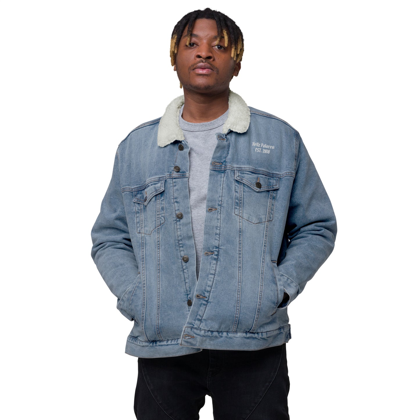 Hellz Palace® Brand EST Unisex denim sherpa jacket